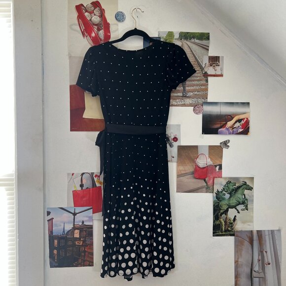 Vintage Black and White Polka Dot Mid Length Short Sleeve Wrap Swing Dress - Picture 4 of 6